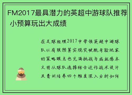 FM2017最具潜力的英超中游球队推荐 小预算玩出大成绩