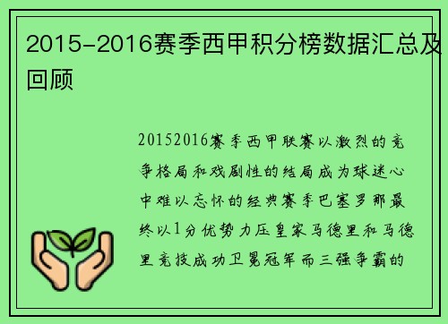 2015-2016赛季西甲积分榜数据汇总及回顾